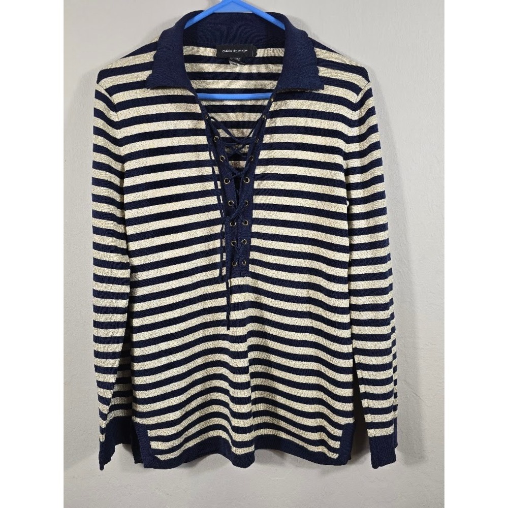 Cable & Gauge Striped Lace-Up Sweater Long Sleeve Knit‎ Top Pullover M